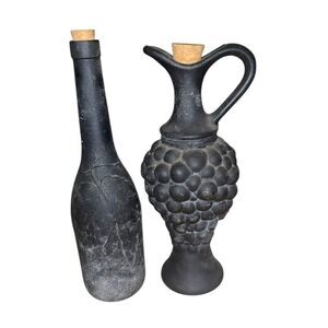 Vintage Matte Black Grape Motif Ceramic Wine Bottle & Decanter – Set of 2